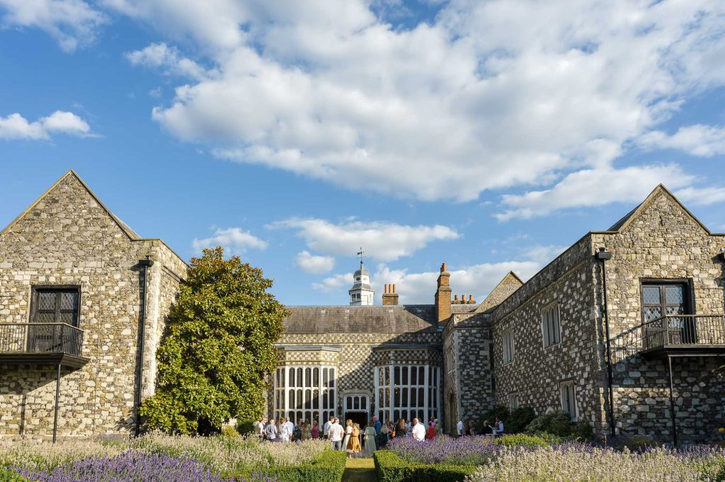 View oof the Courtyard and Manor House at Hall Place & Gardens, Bexley, Kent for their wedding reception