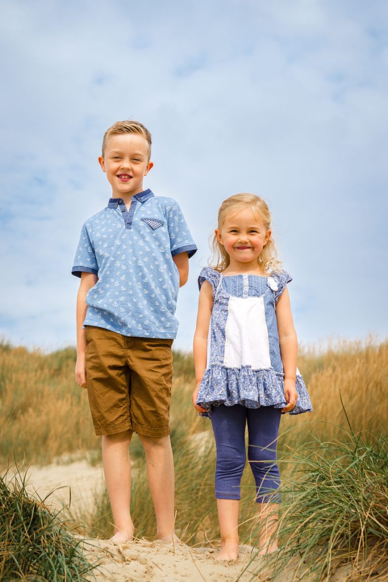 Camber Sands photo shoot, Sussex - son and daughter portrait on top of sand dune