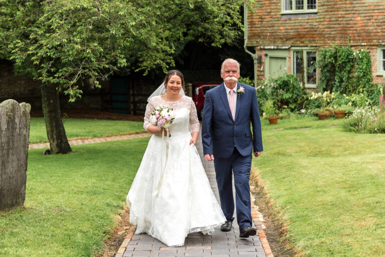 Bride and father arriving at Wadhurst Church, Wadhurst, East Sussex | Oakhouse Photography