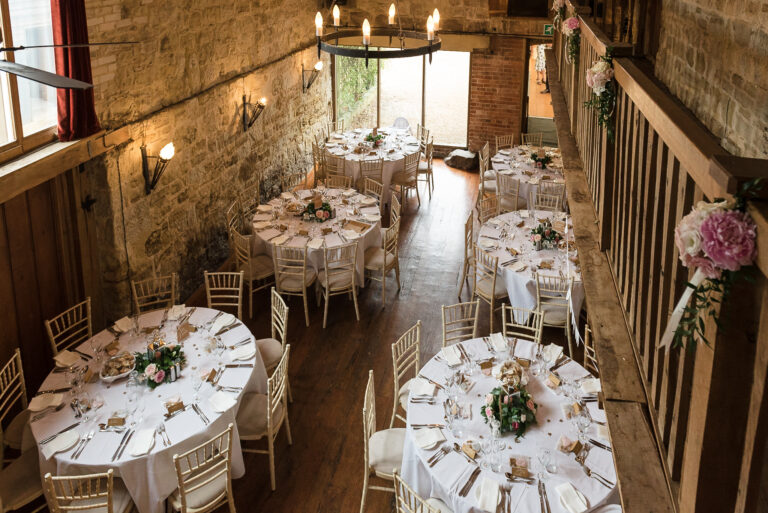 Interior view of wedding layout at Swallows Oast wedding venue, Ticehurst, East Sussex | Oakhouse Photography