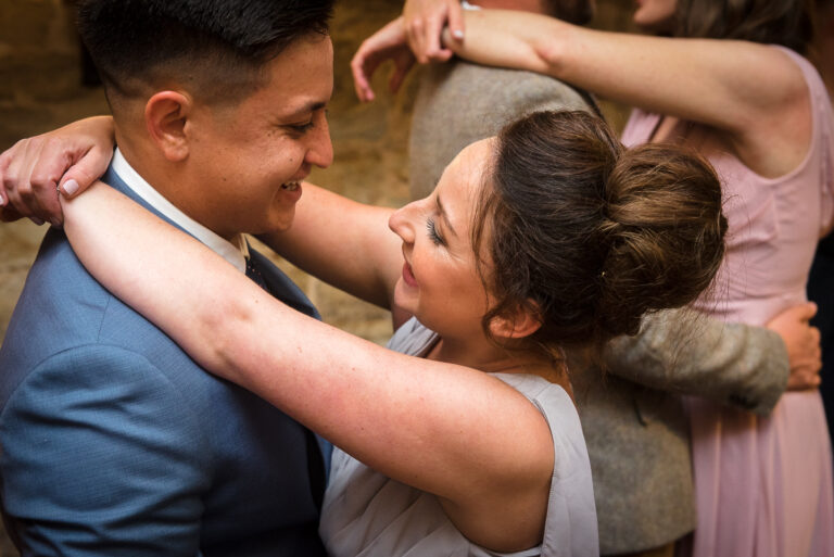 Wedding guests dancing at Swallows Oast wedding venue, Ticehurst, East Sussex | Oakhouse Photography