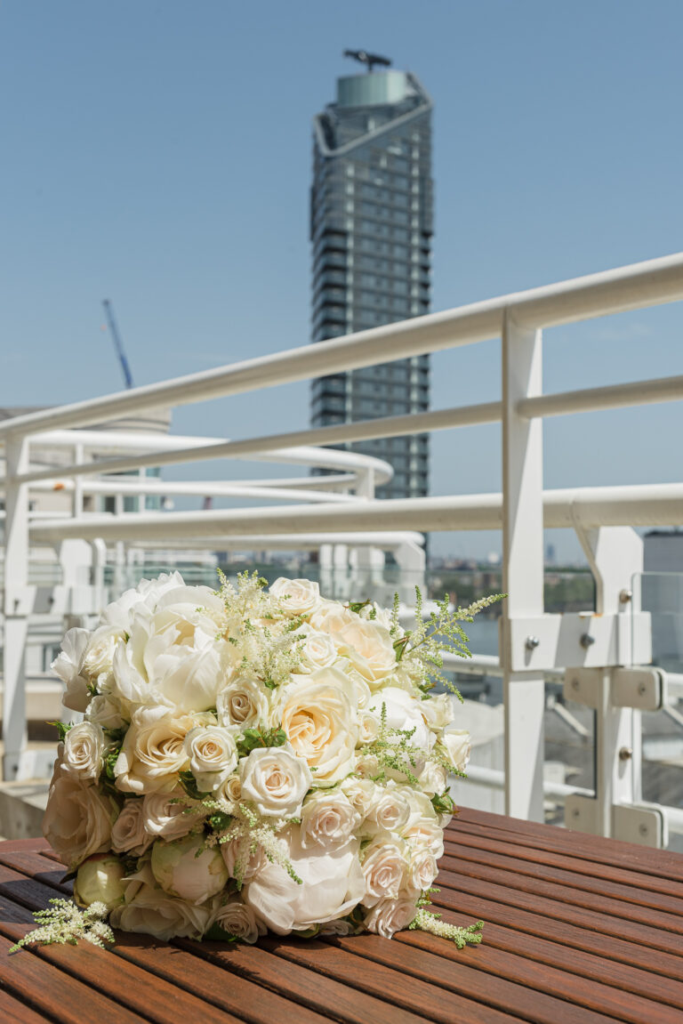 Bridal bouquet photographed on the balcony of the penthouse at the Chelsea Harbour Hotel, Chelsea, London