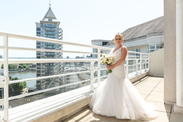 Bride portrait on the balcony of the penthouse at the Chelsea Harbour Hotel, Chelsea, London