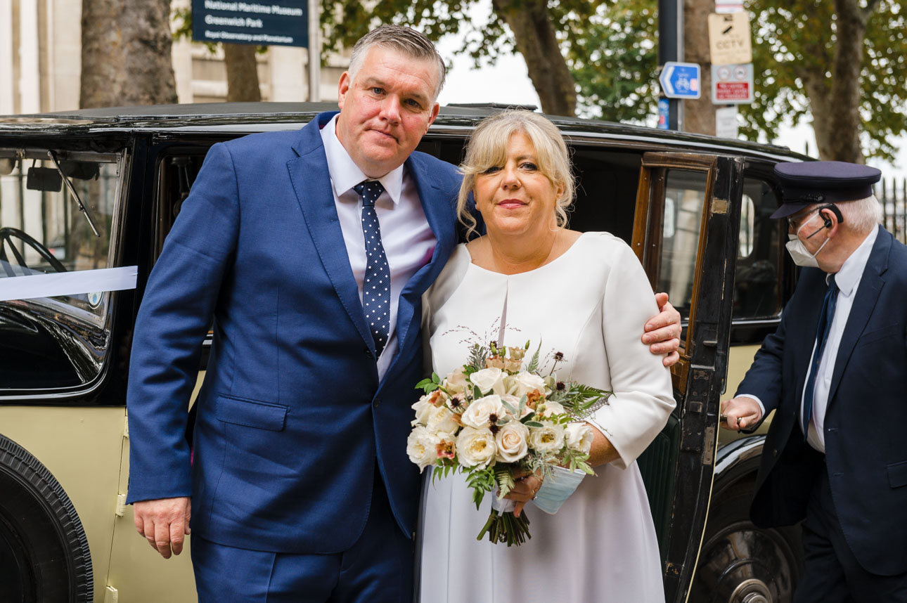 Bride's arrival at the Trafalgar Tavern in vintage car | Oakhouse Photography