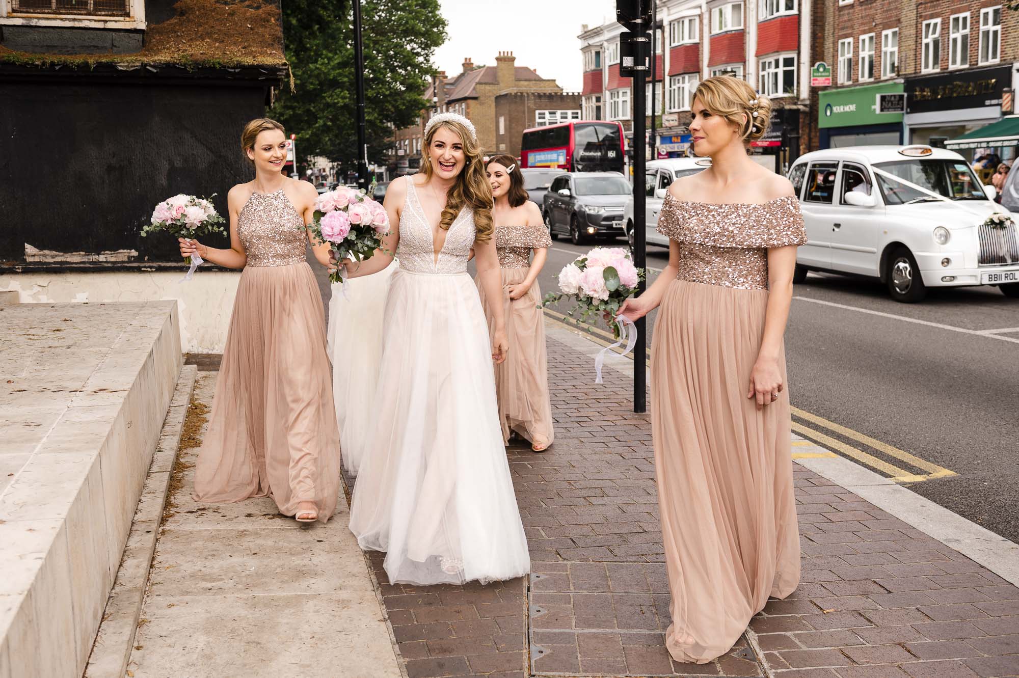 Bride arriving at St John the Baptist Church in Eltham, London