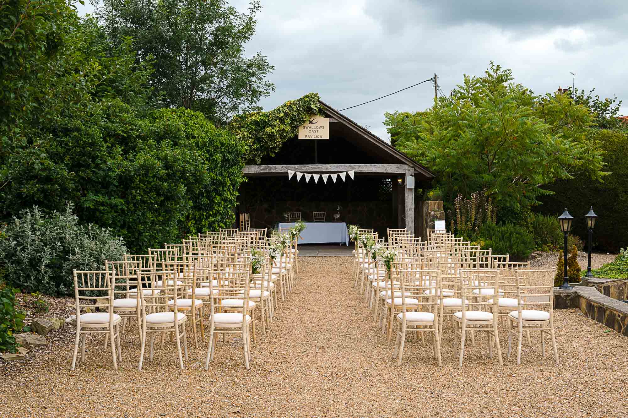 The Pavilion, an outdoor ceremony area, ahead of the wedding ceremony at Swallows Oast wedding venue in Ticehurst, East Sussex