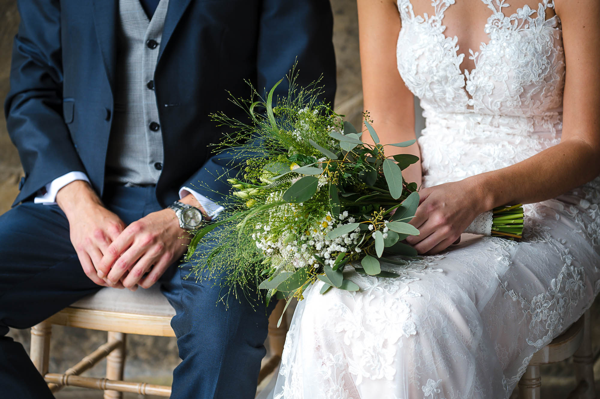 Close-up of bride's flowers at The Pavilion at Swallows Oast wedding venue in Ticehurst, East Sussex