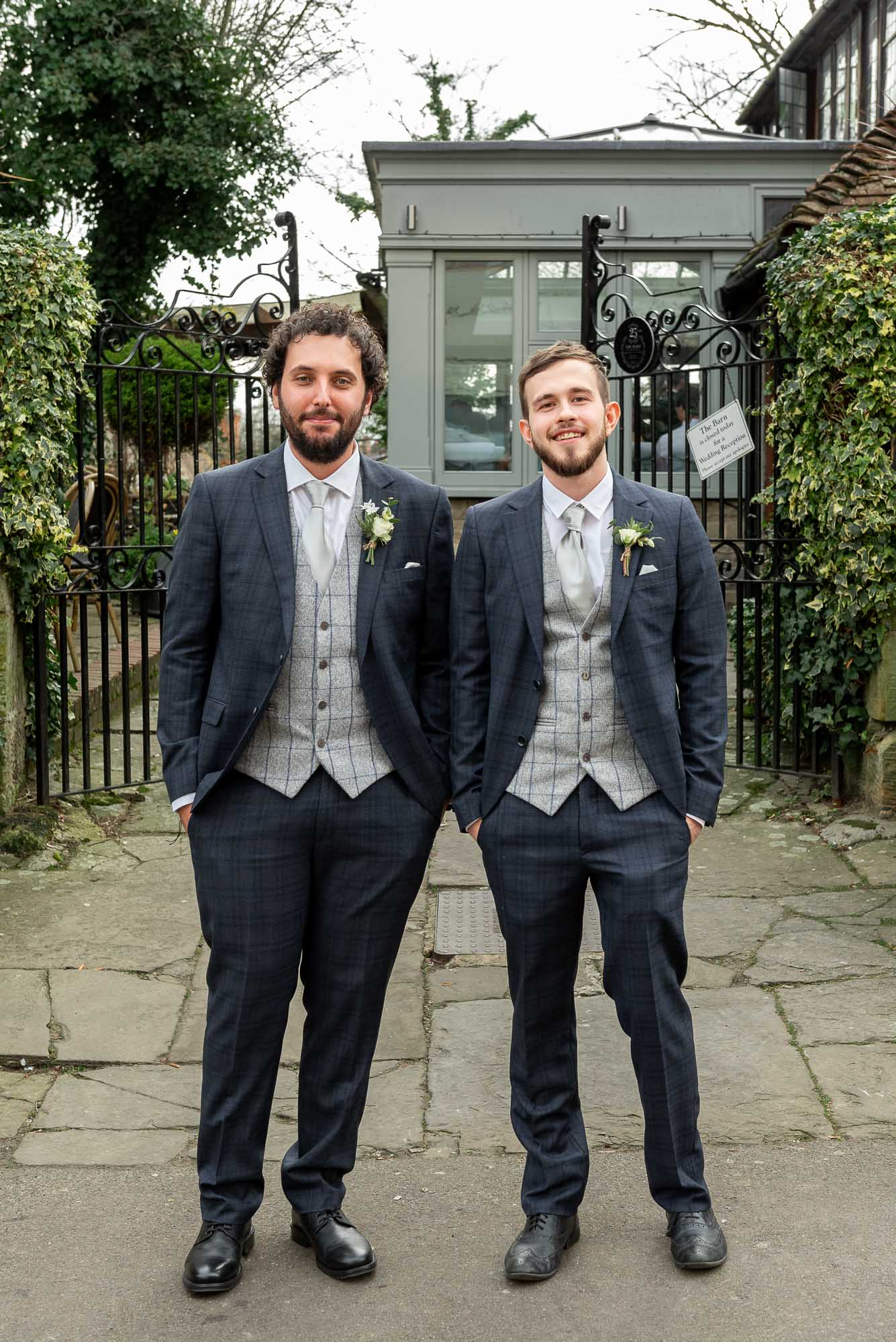 Groom and best man portrait outside The Barn Pub & Restaurant wedding in Tunbridge Wells