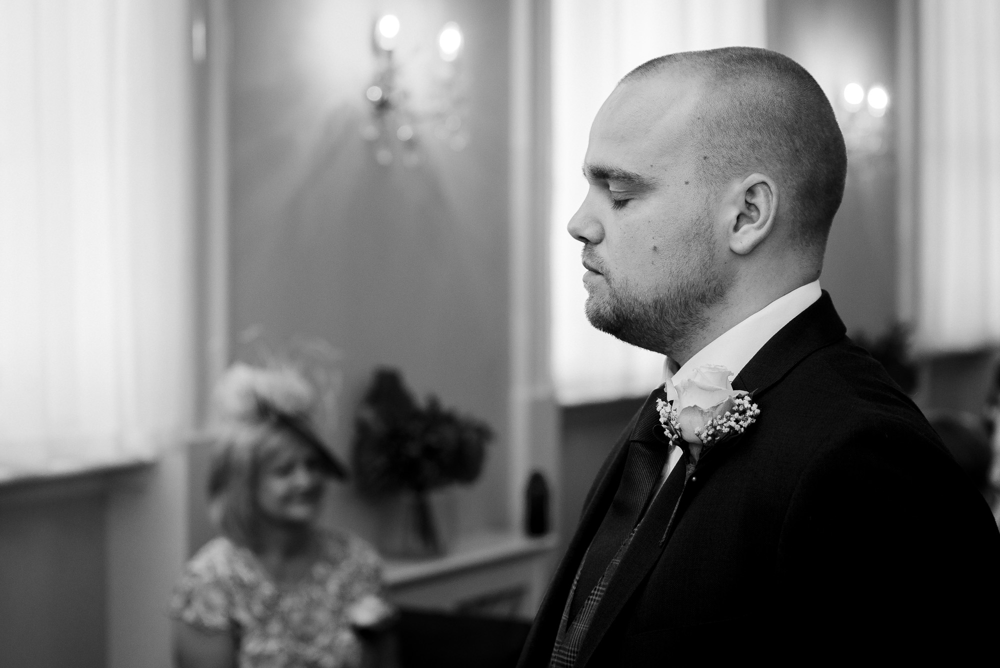 Groom waiting for bride to enter the ceremony room at Chelsea Old Town Hall wedding