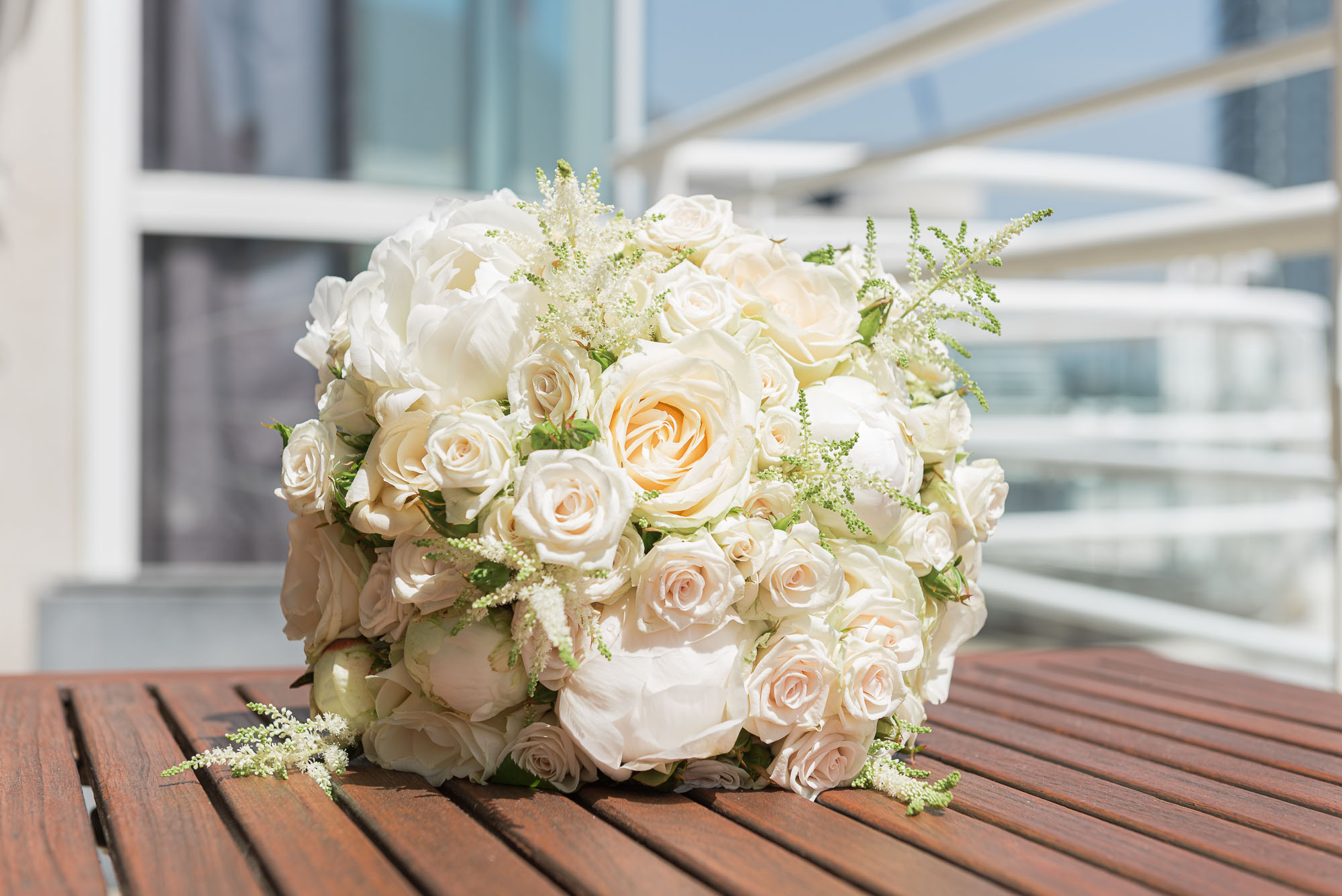 Detail photo of flowers taken during bridal prep at Chelsea Harbour Hotel, London