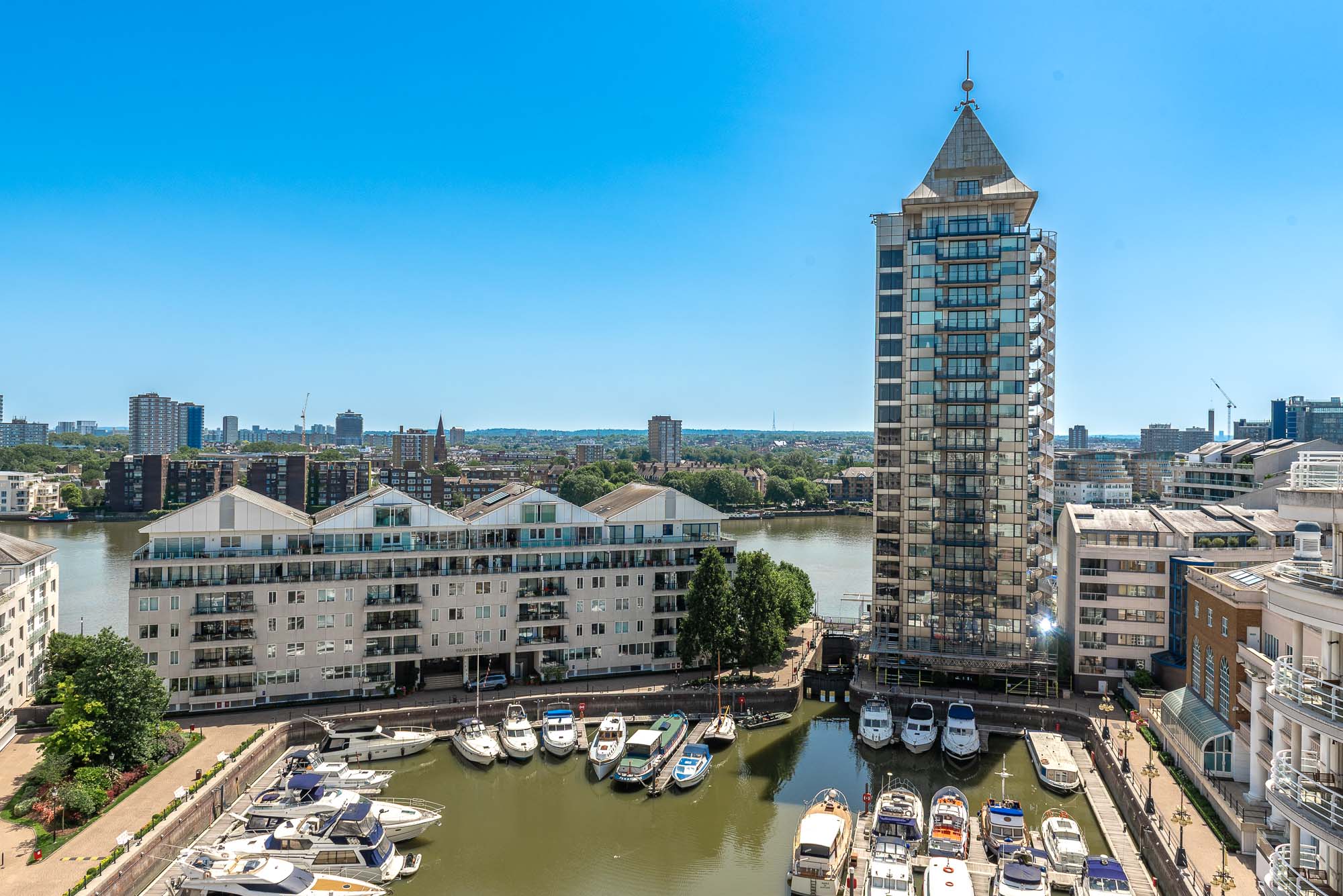 View from balcony over the harbour at Chelsea Harbour Hotel, London