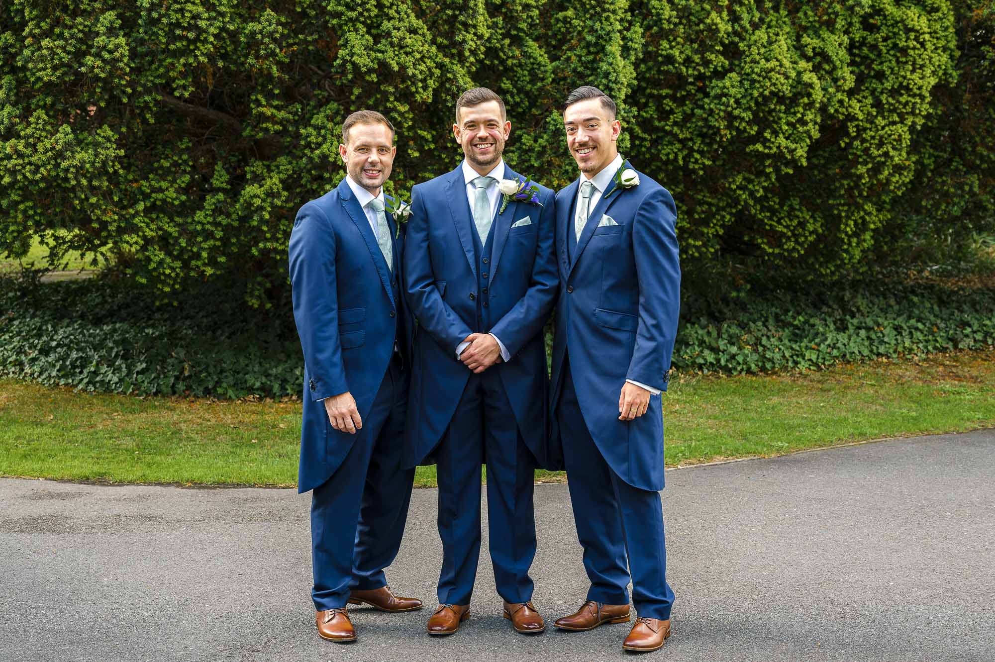 Groom, best man & usher portrait outside St John the Evangelist Church, Bexley, Kent