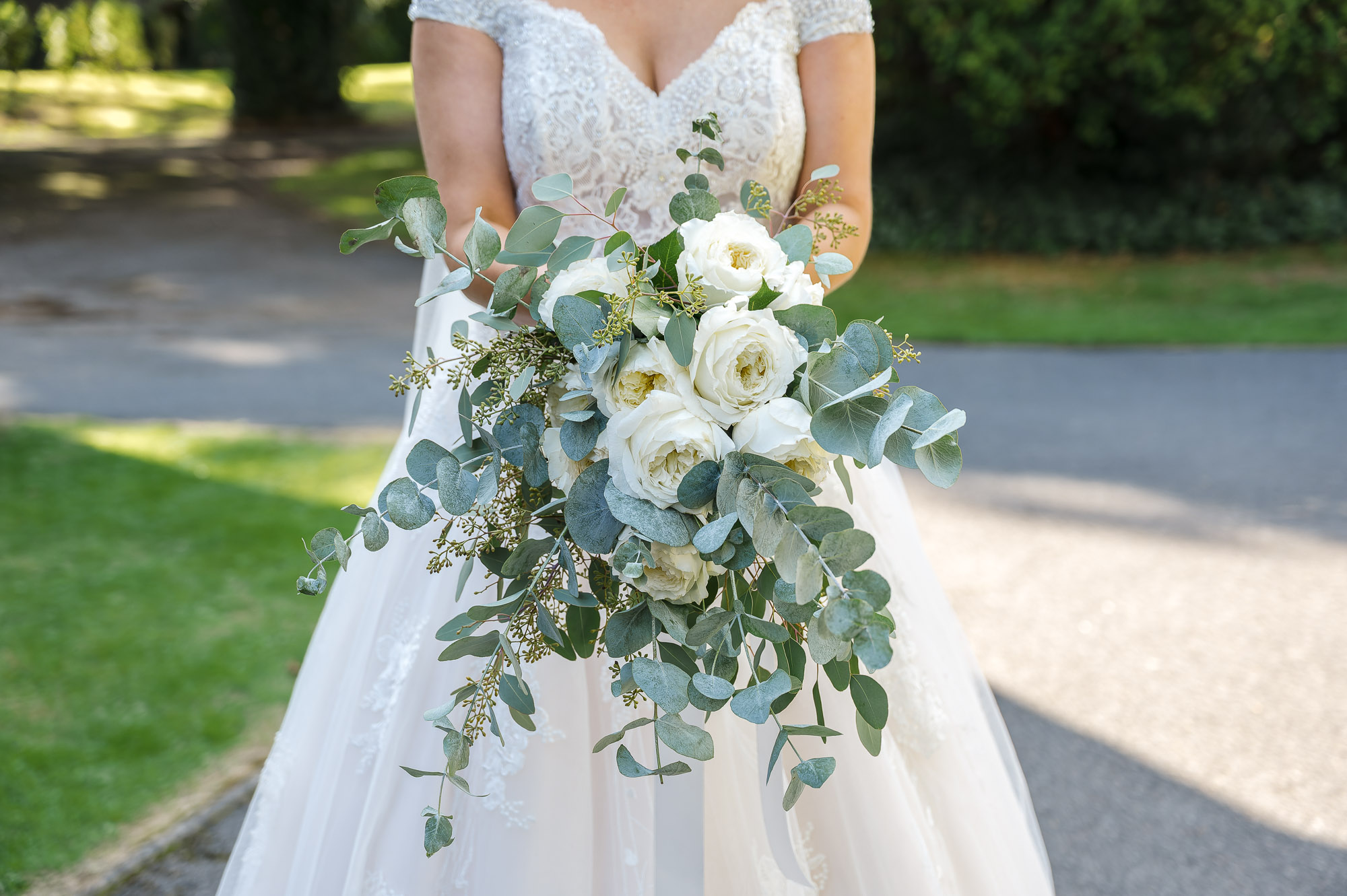 Close-up of Avalanche rose bridal bouquet in Bexley, Kent